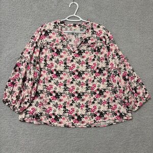 Boho Casual Floral Blouse Pink Black Ruffle Sleeve Lightweight Top 22/24W